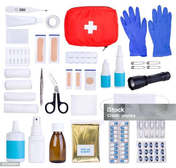 First Aid Kit Objects Stock Photo - Download Image Now - First Aid Kit, White Background, Medical Supplies