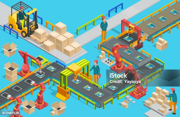 Automatic Factory With Conveyor Line And Robotic Arms Assembly Process Vector Illustration Stock Illustration - Download Image Now