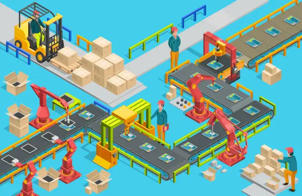 Vector illustration of Automatic factory with conveyor line and robotic arms. Assembly process. Vector illustration