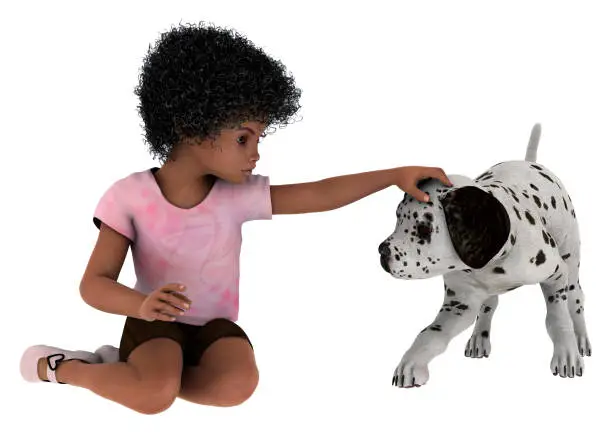 3D digital render of a cute little african girl playing with a dalmatian dog isolated on white background