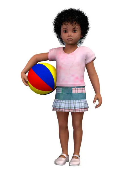 3D digital render of a cute little african girl holding a colorful ball isolated on white background