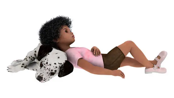3D digital render of a cute little african girl resting with a dalmatian dog isolated on white background