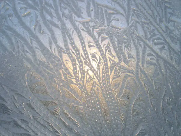 frosty natural pattern and sun on glass, winter texture