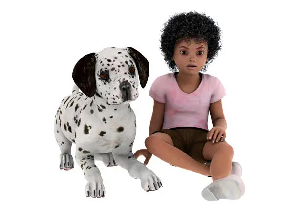 3D digital render of a cute little african girl playing with a dalmatian dog isolated on white background