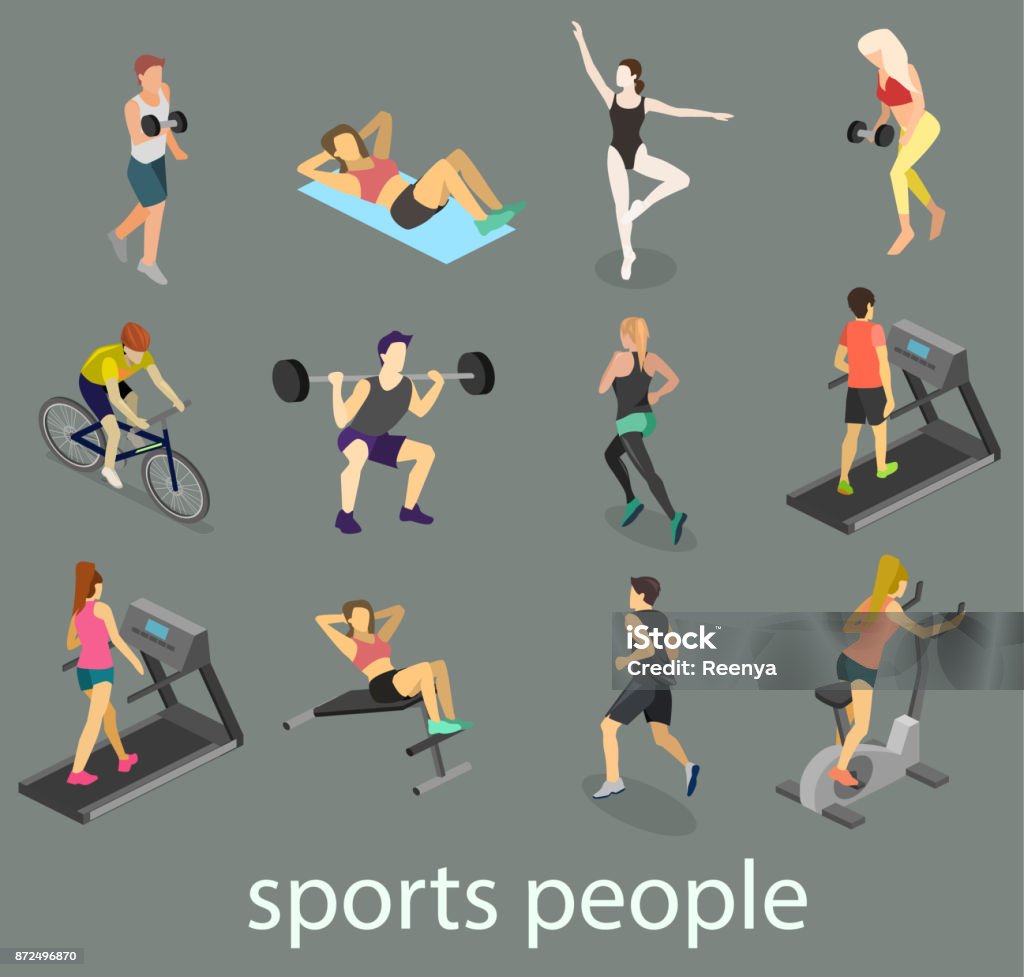 Isometric interior of gym. Isometric interior of gym. People involved in sports Sport stock vector