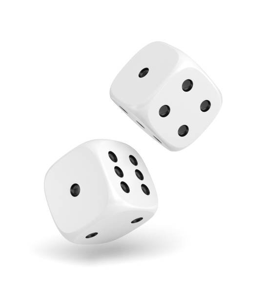 3d rendering of two white dice hanging on a white background 3d rendering of two white dice hanging on a white background. Gaming and gambling. Random numbers. Luck and chance. Rolling Dice stock pictures, royalty-free photos & images
