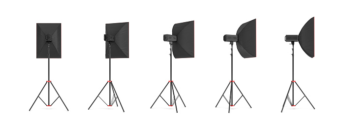 3d rendering of a softbox lighting set on a stand in different angles. Studio lighting. Photographer's equipment. Lighting stand.