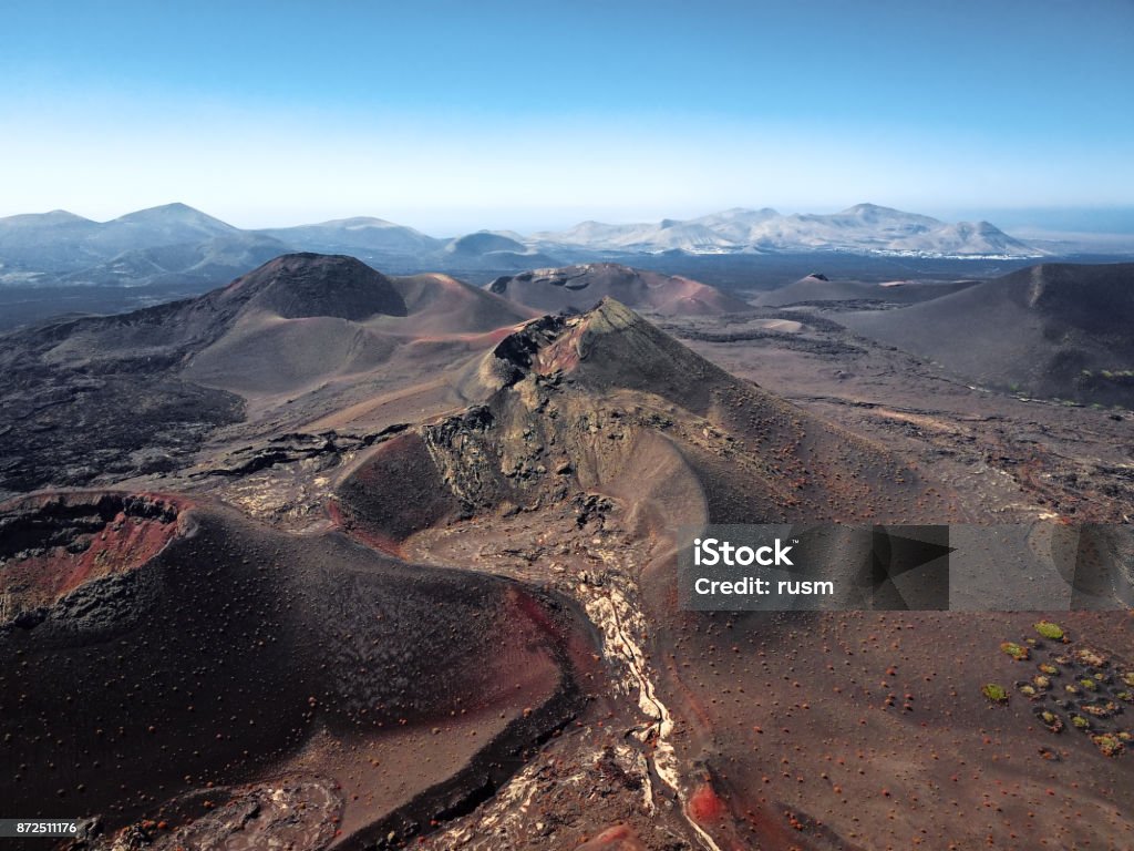 Aerial volcanic landscape, Timanfaya National Park, Lanzarote, Canary Islands Volcanic landscape, Lanzarote, Canary Islands Timanfaya National Park Stock Photo