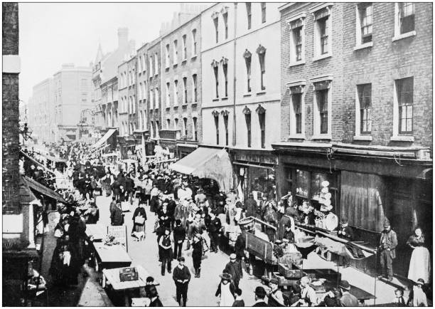 Antique photograph of London: Brick lane Antique photograph of London: Brick lane facade store old built structure stock illustrations