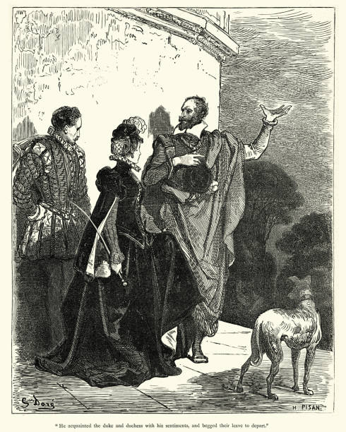Don Quixote aquainted the duke and duchess with his sentiments Illustration from Don Quixote, by Miguel de Cervantes, illustrated by Gustave Dore. He aquainted the duke and duchess with his sentiments, and begged their leave to depart. don quixote stock illustrations