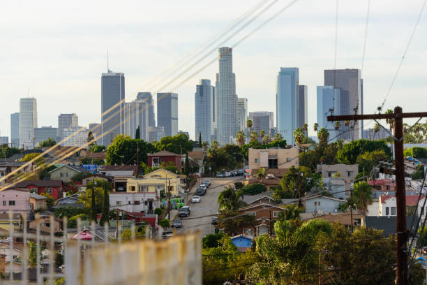 View of business district of Downtown of Los Angeles with skyscrapers from residential district neighborhood