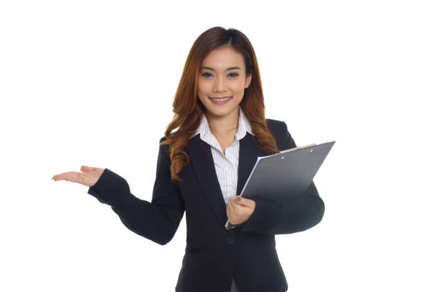 istock Businesswoman hold clipboard and present 872524082