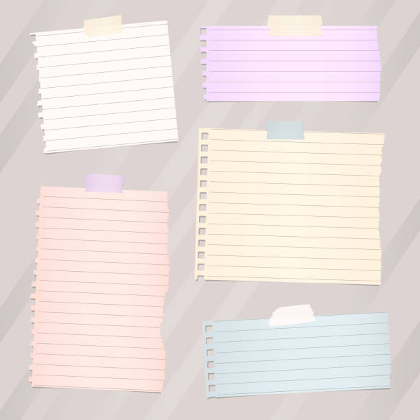 куски разорванной белой облицованной бумаги, баннеры застревают на коричневом диагональном фоне - lined paper paper old notebook stock illustrations