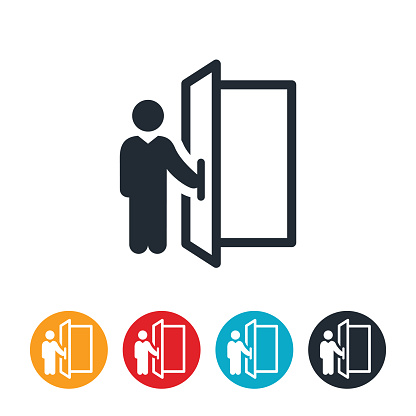 An icon of a person holding open a door.