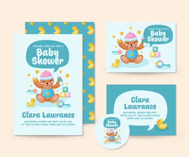 Vector illustration of Cute Teddy Bear Theme Baby Shower Invitation Card Illustration Template