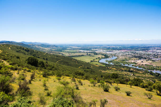View of the mountains, river and city of Talca, Chile