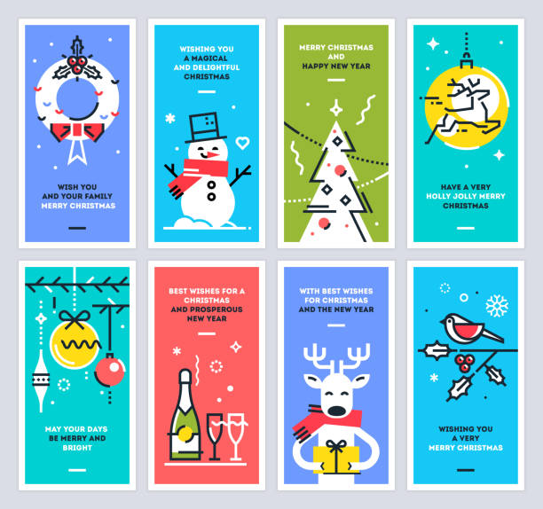 illustrations, cliparts, dessins animés et icônes de super jeu de cartes de noël et du nouvel an. collection de modèles de conception mince ligne de noël pour l’impression ou le web. illustration vectorielle. - snowman pattern