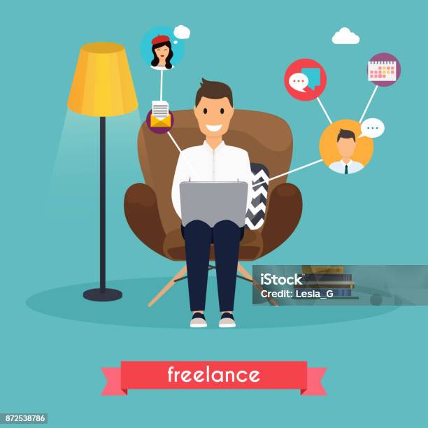 Man Working At Home Young Man Sitting On A Chair And Using Laptop Freelance Self Employed Freedom In Living Room Stock Illustration - Download Image Now