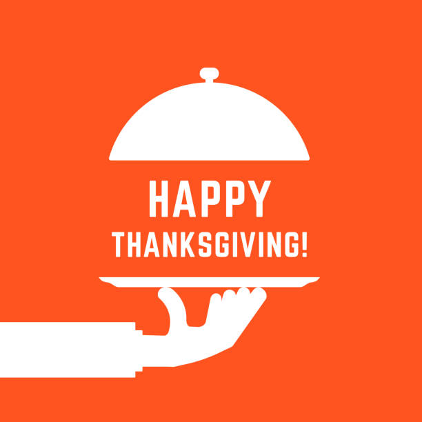 glückliche danksagung text mit weißer hand serviert - thanksgiving dinner plate food stock-grafiken, -clipart, -cartoons und -symbole
