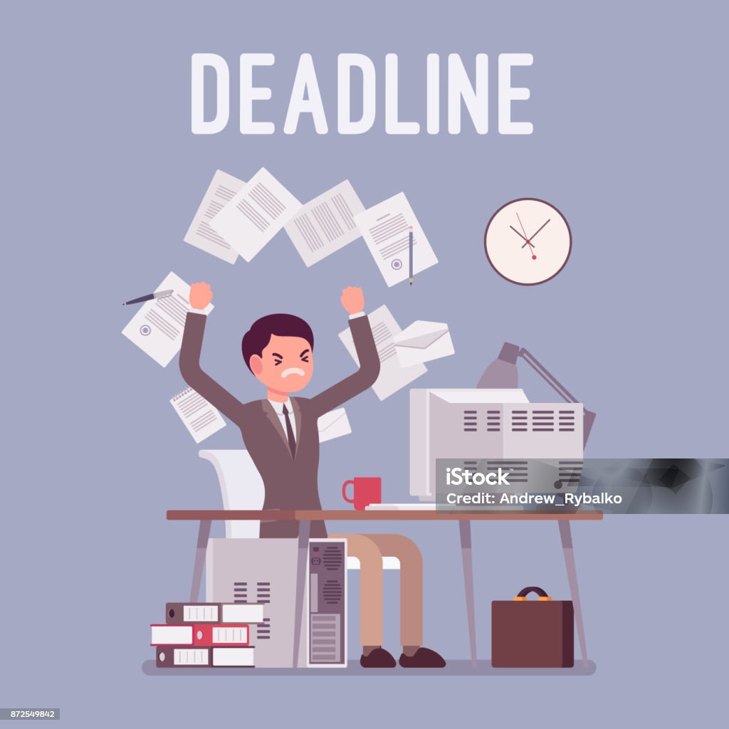Deadline in paper work Deadline in paper work. Young male office employee unhappy with overload, throwing documents failed to complete job in time. Vector flat style cartoon illustration isolated on blue background Emotional Stress stock vector