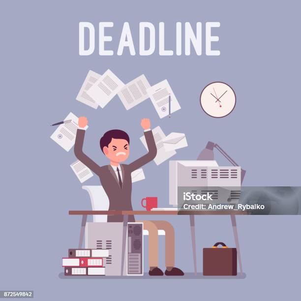 Deadline In Paper Work Stock Illustration - Download Image Now - Emotional Stress, Working, Deadline