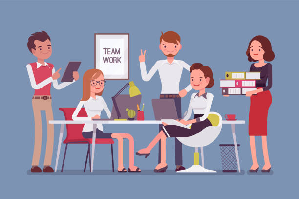 Team work in office Team work in office. Group of smart happy young people training and sharing business ideas to achieve results in the efficient way. Vector flat style cartoon illustration isolated on blue background entrepreneur drawings stock illustrations
