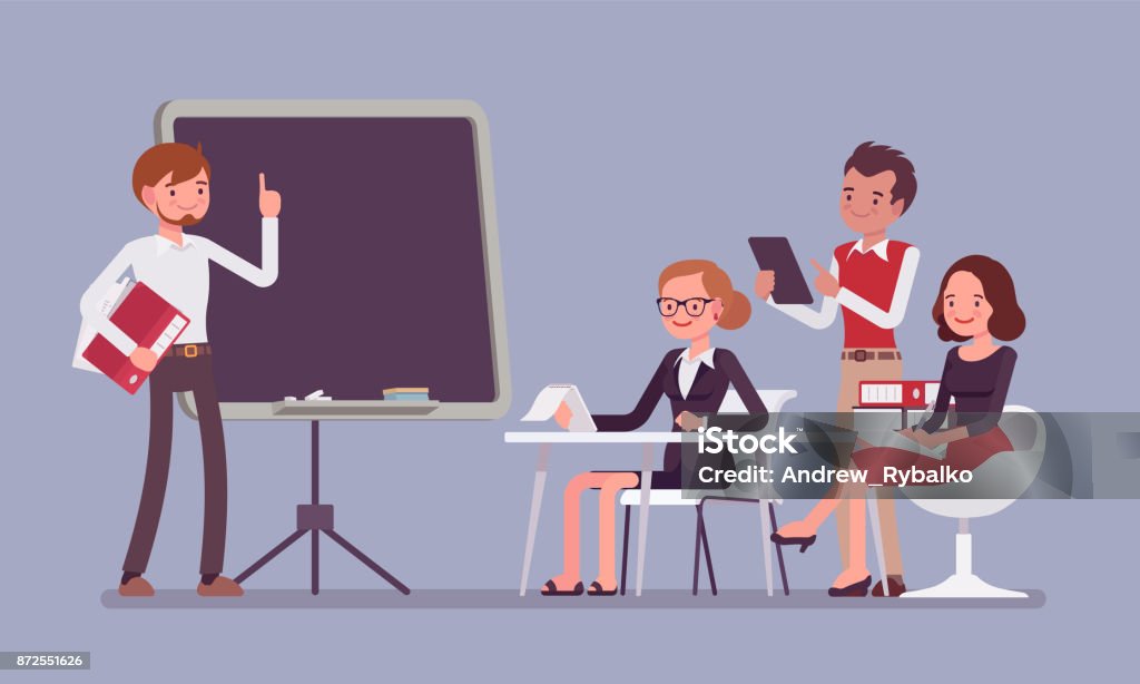 Presentation in the office Presentation in the office. Senior management man talking about effective corporate business for young company workers. Vector flat style cartoon illustration isolated on blue background Meeting stock vector