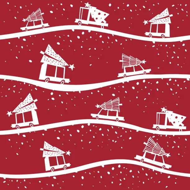 Vector illustration of Seamless pattern with roads, cars and christmas tree