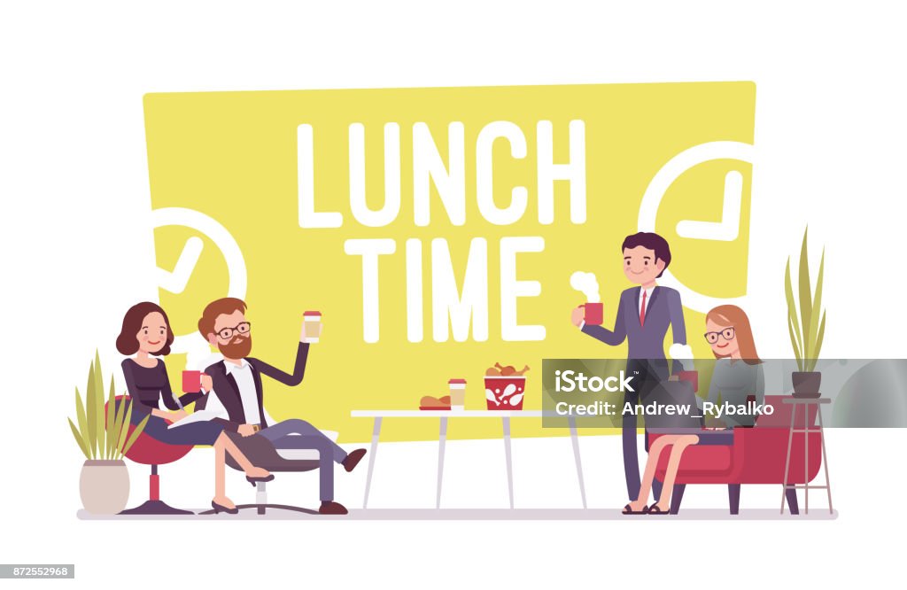 Lunch time in the office Lunch time in the office. Young workers having break for food and drinks, rest for good workplace culture and business productivity. Vector flat style cartoon illustration isolated on white background Lunch stock vector