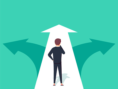 Choice way concept. Decision business metaphor. Vector flat style design. Isolated on background. Businessman before choosing. Crossroads arrows. Decide direction. Human standing choice of ways.