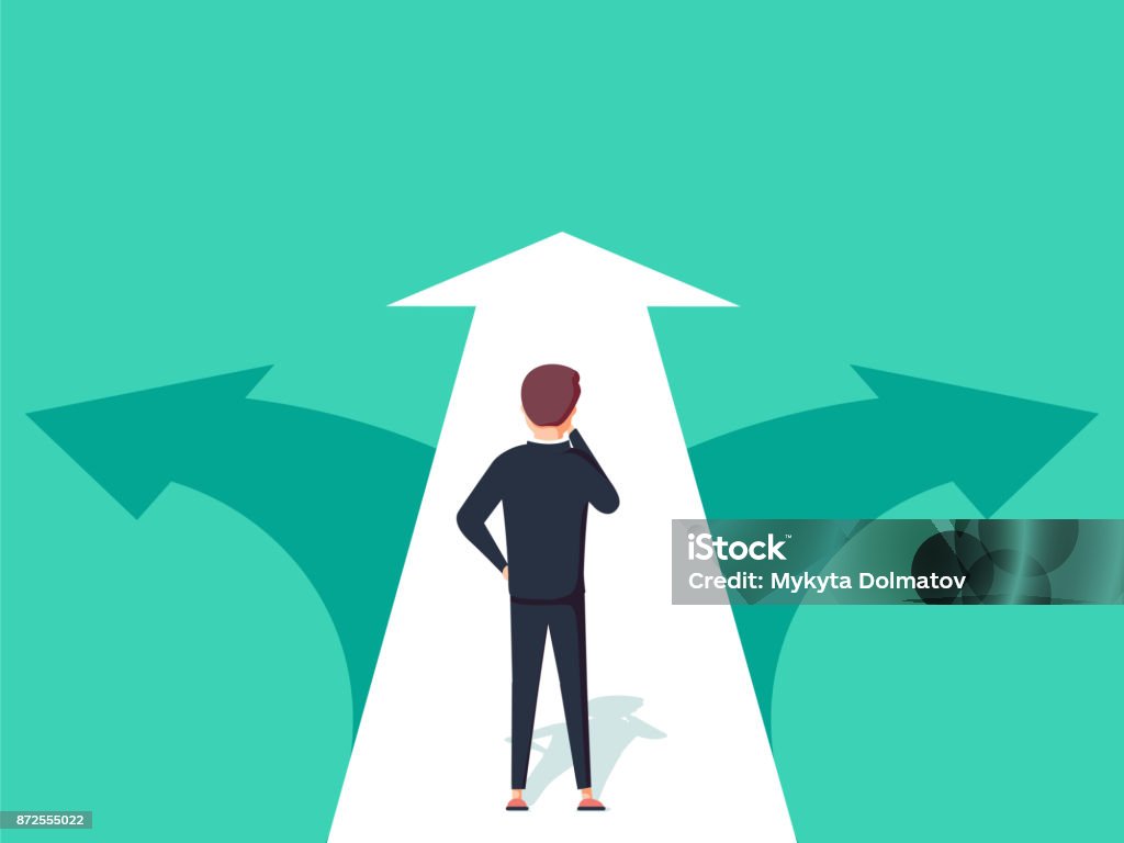 Choice way concept. Decision business metaphor. Vector flat style design. Isolated on background. Choice way concept. Decision business metaphor. Vector flat style design. Isolated on background. Businessman before choosing. Crossroads arrows. Decide direction. Human standing choice of ways. Footpath stock vector