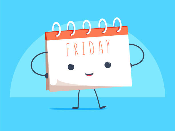 Happy calendar cartoon mascot character smiling on Friday page vector illustration Happy calendar cartoon mascot character smiling on Friday page vector illustration. Business illustration for weekends. Standing desk calendar. Flat style vector illustration on blue background. friday illustrations stock illustrations