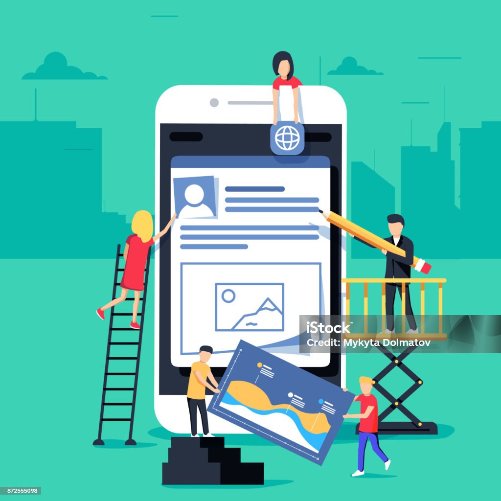 small people character decorated mobile technology. vector concept illustration flat design small people character decorated mobile technology. vector concept illustration flat design. Web adaptive mobile design and development. Site under construction. A team of young professionals Contented Emotion stock vector