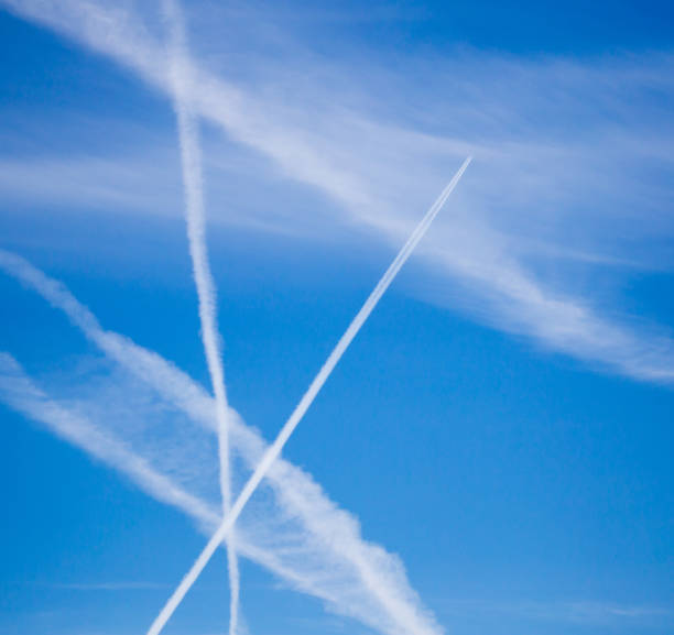 istock traces of an airplane on a blue sky 872565676