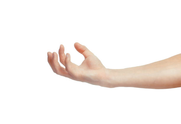 istock Man palm hand holding something isolated on a white background. 872565704