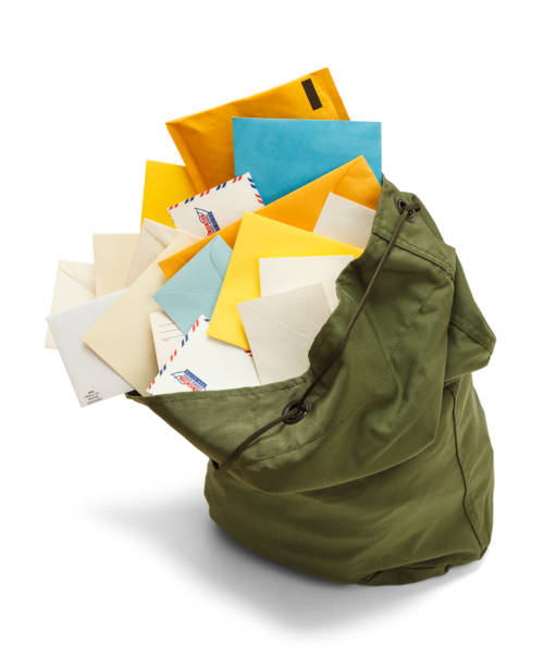 Full Mail Bag Large Green Mail Bag with Envelopes Spilling Out Isolated on White Background. full term stock pictures, royalty-free photos & images