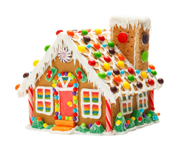 Ginger Bread House Christmas Gingerbread Cookie House with Candy Isolated on White Background. chimney photos stock pictures, royalty-free photos & images