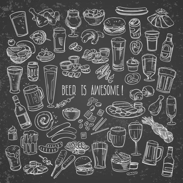 illustrazioni stock, clip art, cartoni animati e icone di tendenza di birra abbozzata e snack - bar illustrazioni