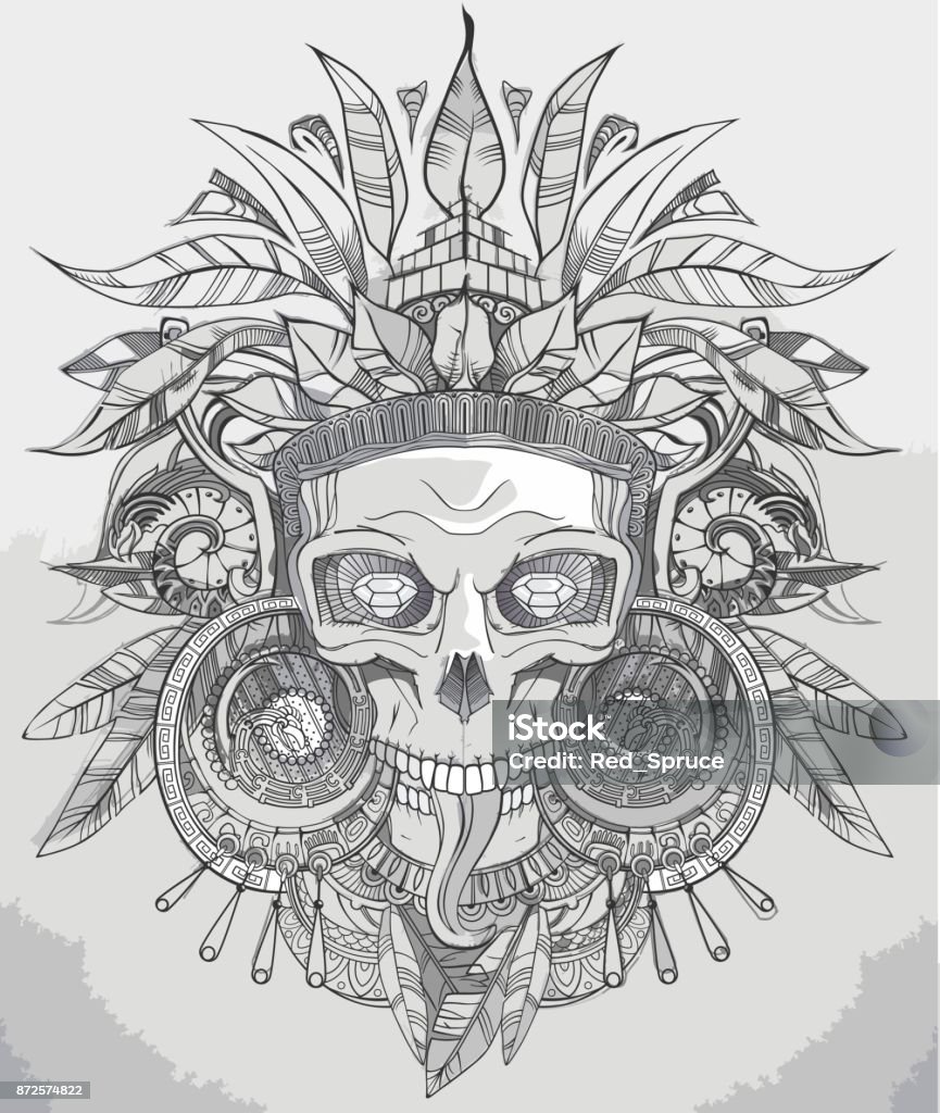 Indian skull vector illustration Indian aztec skull hand drawn vector illustration Aztec Civilization stock vector