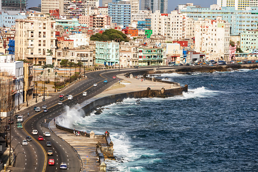 Traffic and strong waves, Malecon, Havana, Cuba, elevated view