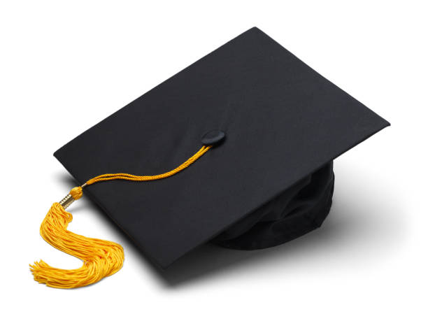 Graduation Hat Black Mortar Board Cap with Yellow Tassel Isolated on White Background. mortarboard photos stock pictures, royalty-free photos & images
