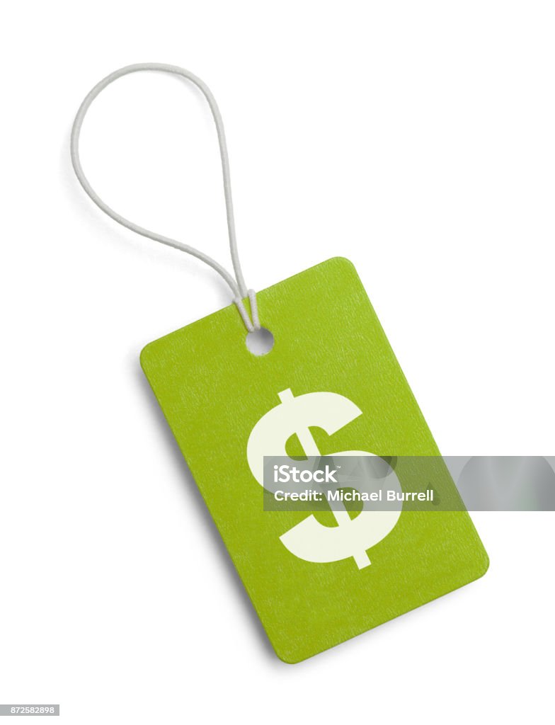 Green Money Tag Small Hang Tag with Cash Symbol Isolated on White Background. Price Tag Stock Photo