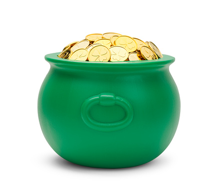 Large Green Pot with Colver Gold Coins Isolated on White Background.