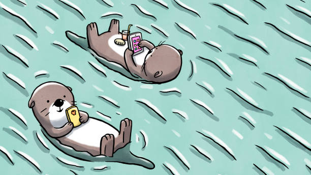 ilustrações de stock, clip art, desenhos animados e ícones de two otters floating on water holding mobile and tablet - animal cell illustrations