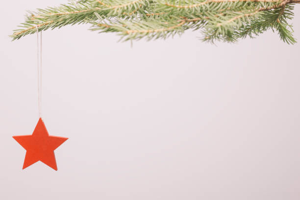 istock Red New Year star shape ornament hanging on fir tree branch 872593898