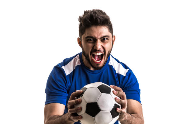 istock Fan / Sport Player on blue uniform celebrating on white background 872597506