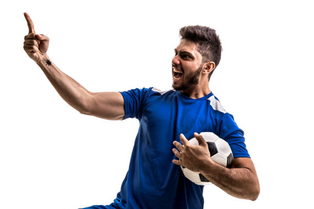 istock Fan / Sport Player on blue uniform celebrating on white background 872597508