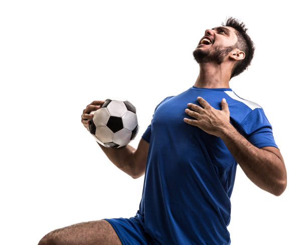 istock Fan / Sport Player on blue uniform celebrating on white background 872597510