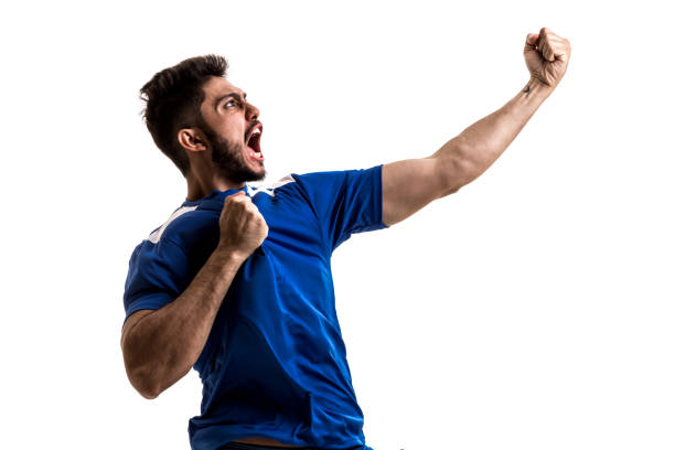 istock Fan / Sport Player on blue uniform celebrating on white background 872597522