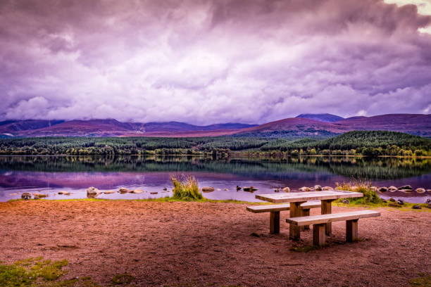 loch morlich, aviemore bankment avec table de journal de pique-nique et des bancs sur lit de gravier sur une journée nuageuse moody en fin d’été - aviemore photos et images de collection